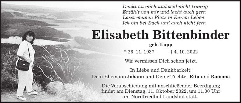 Traueranzeige Elisabeth Bittenbinder