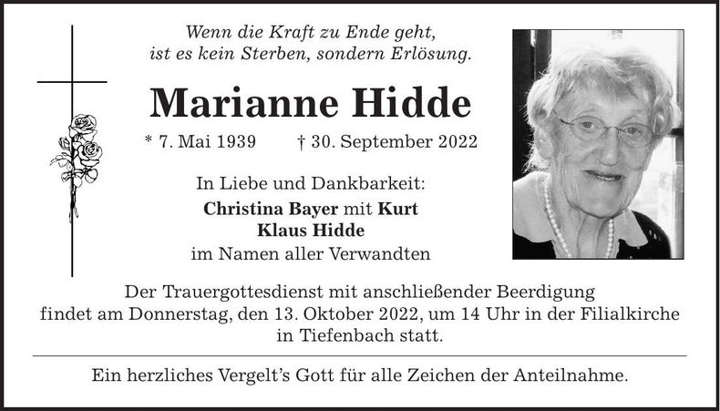 Traueranzeige Marianne Hidde