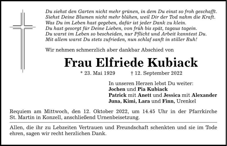 Traueranzeige Elfriede Kubiack