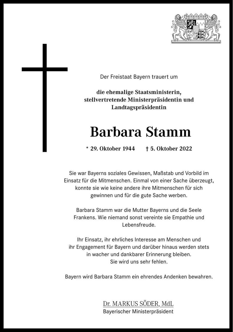 Traueranzeige Barbara Stamm