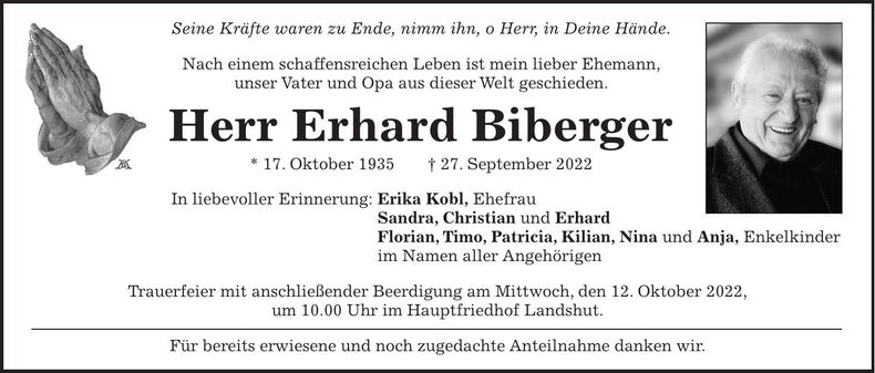 Traueranzeige Erhard Biberger