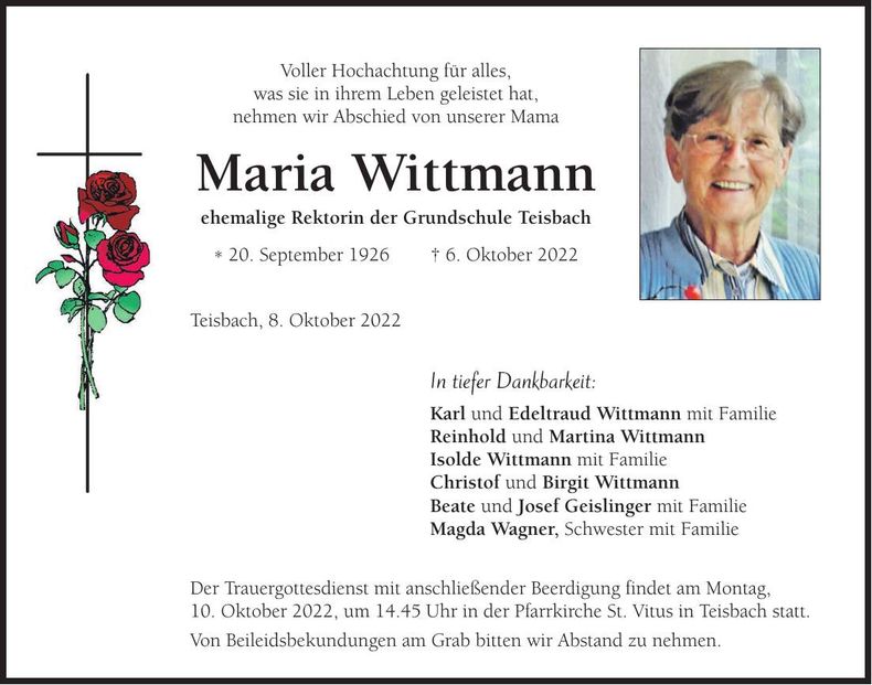 Traueranzeige Maria Wittmann