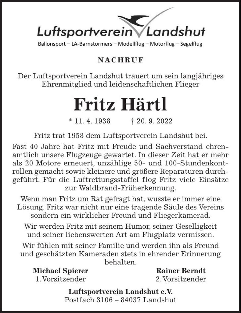 Traueranzeige Fritz Härtl