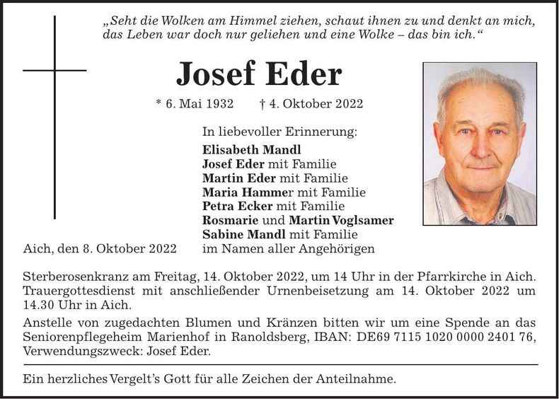 Traueranzeige Josef Eder