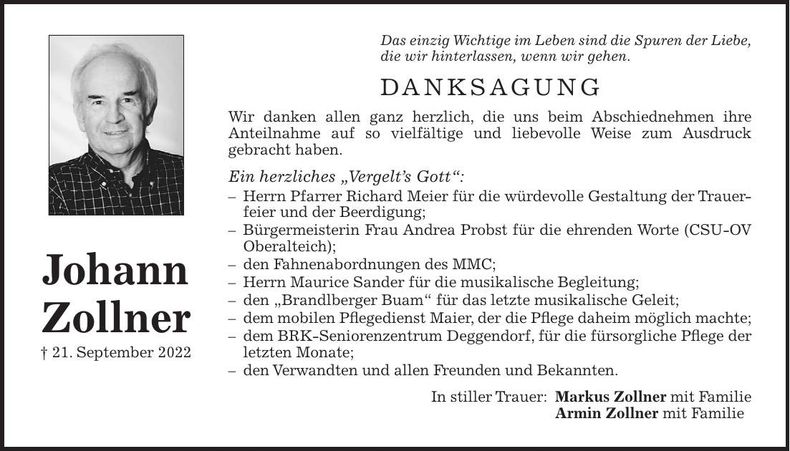 Traueranzeige Johann Zollner