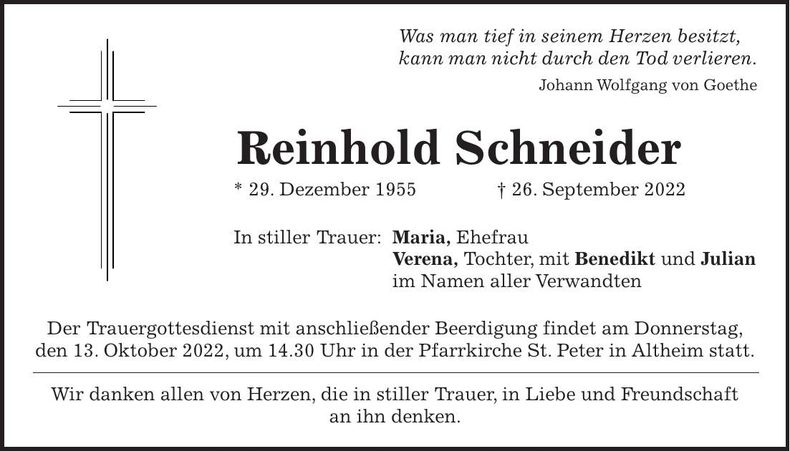 Traueranzeige Reinhold Schneider