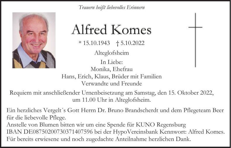Traueranzeige Alfred Komes