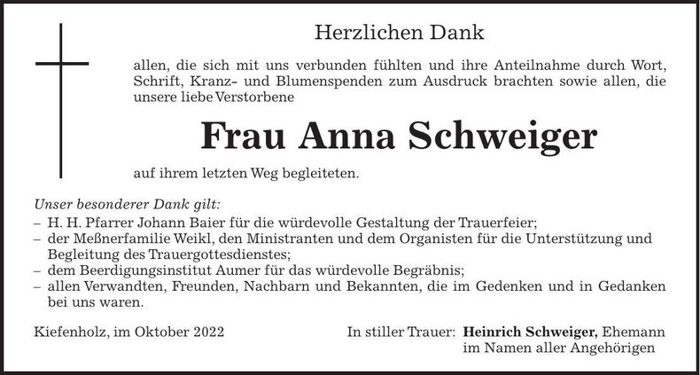 Traueranzeige Anna Schweiger
