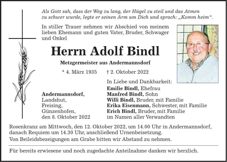 Traueranzeige Adolf Bindl