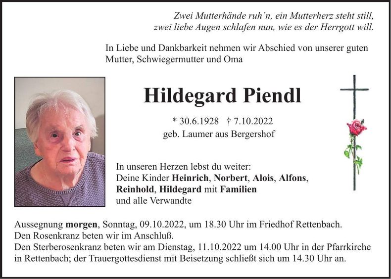 Traueranzeige Hildegard Piendl