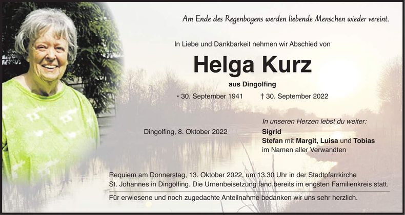 Traueranzeige Helga Kurz