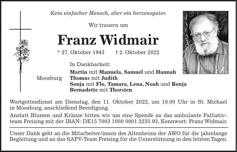 Traueranzeige Franz Widmair