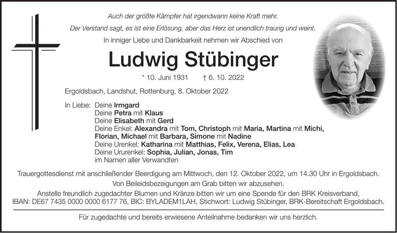 Traueranzeige Ludwig Stübinger