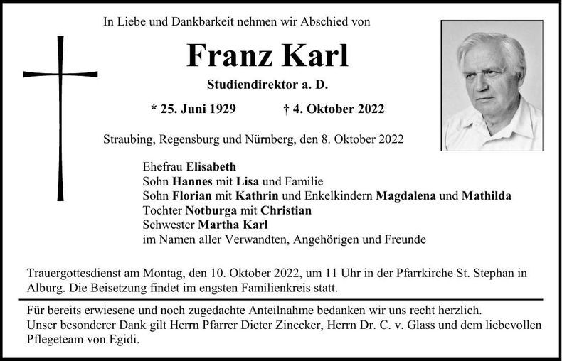 Traueranzeige Franz Karl