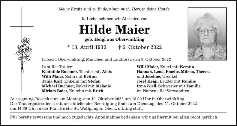 Traueranzeige Hilde Maier