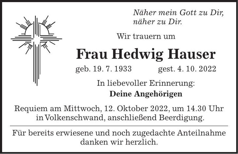 Traueranzeige Hedwig Hauser