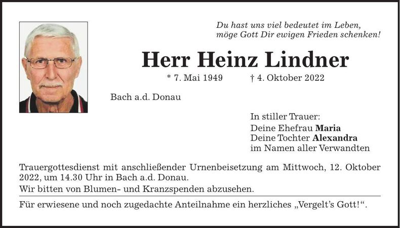 Traueranzeige Heinz Lindner