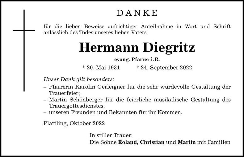 Traueranzeige Hermann Diegritz