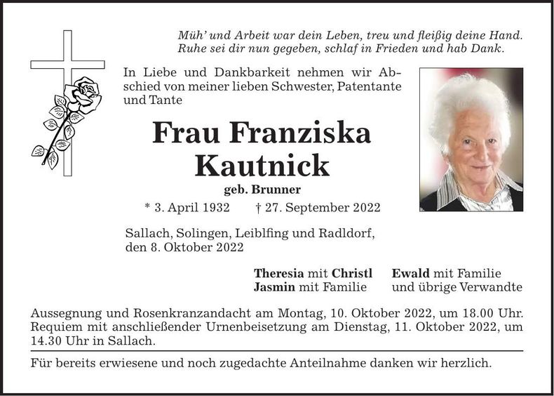 Traueranzeige Franziska Kautnik