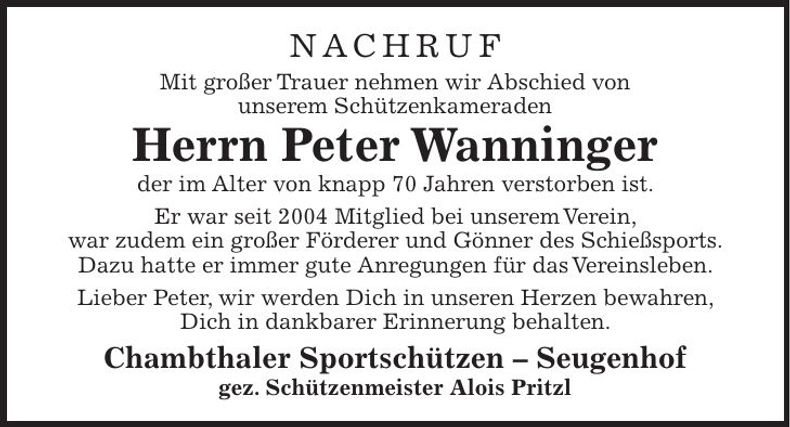 Traueranzeige Peter Wanninger