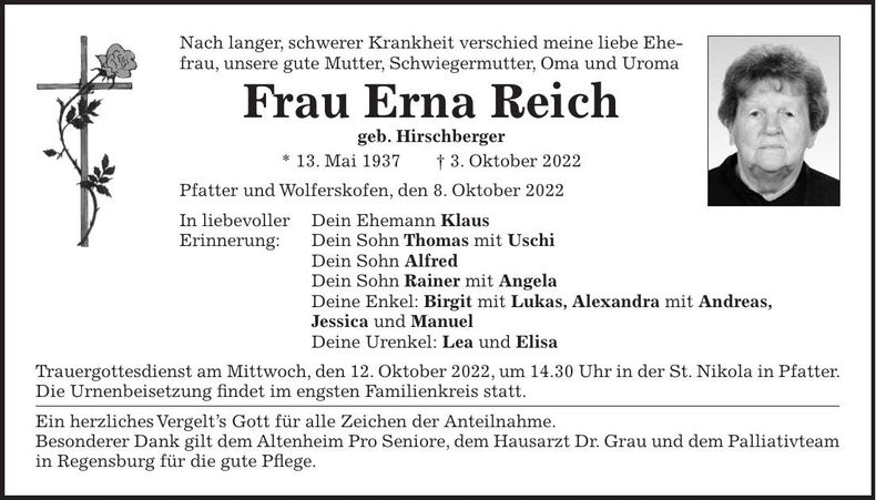 Traueranzeige Erna Reich