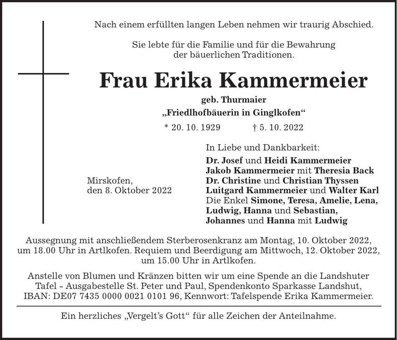 Traueranzeige Erika Kammermeier