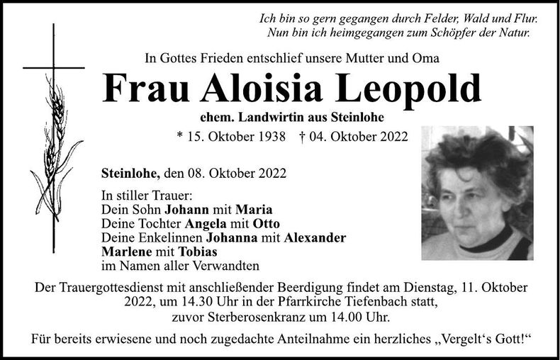 Traueranzeige Aloisia Leopold