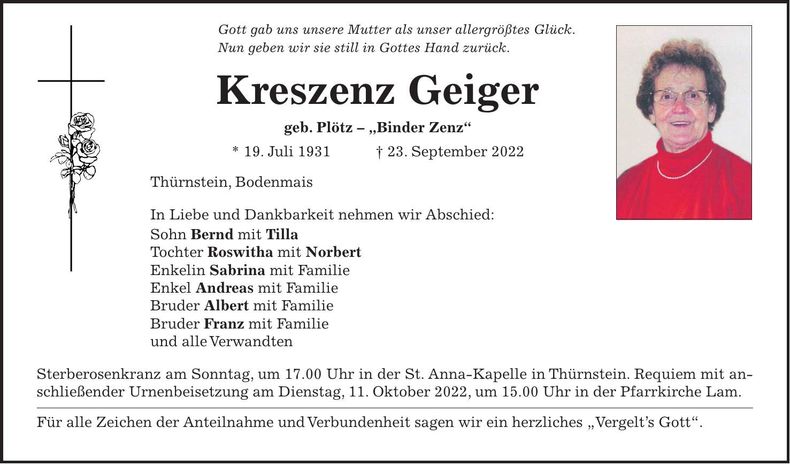 Traueranzeige Kreszenz Geiger