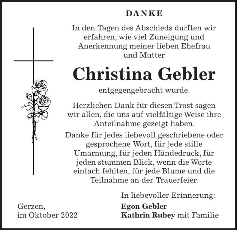 Traueranzeige Christa Gebler