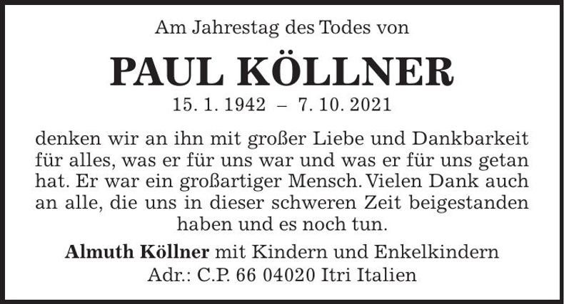 Traueranzeige Paul Köllner