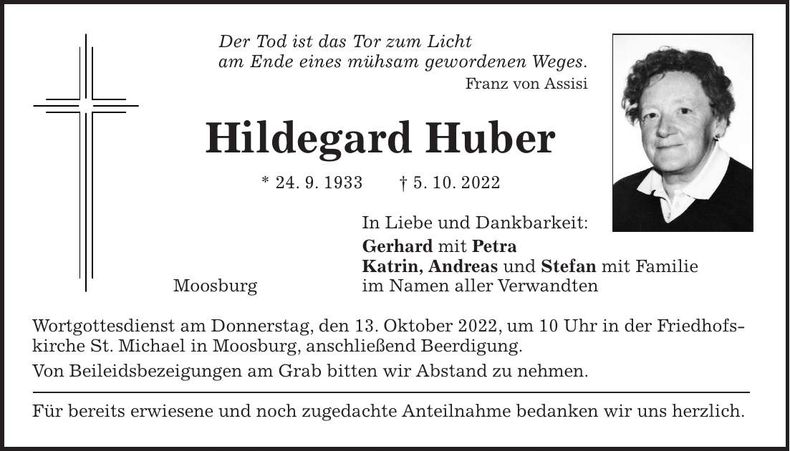 Traueranzeige Hildegard Huber