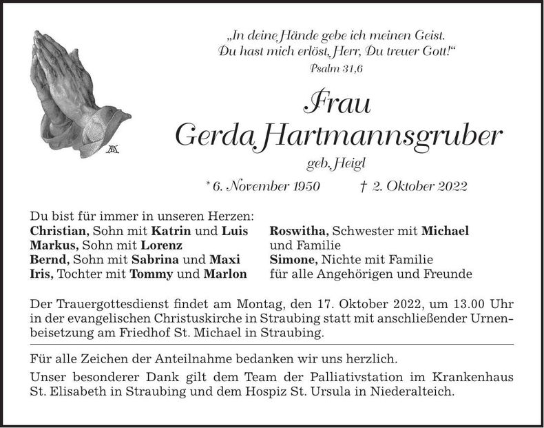 Traueranzeige Gerda Hartmannsgruber