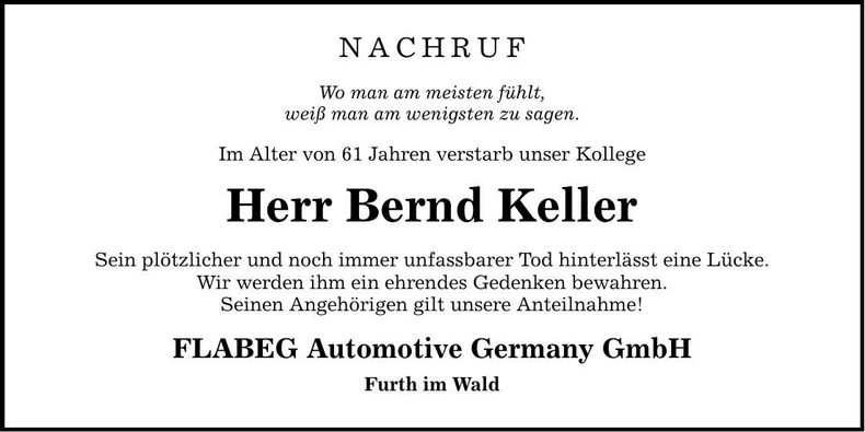 Traueranzeige Bernd Keller