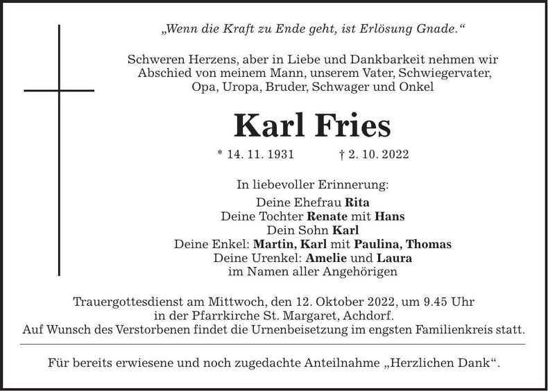 Traueranzeige Karl Fries