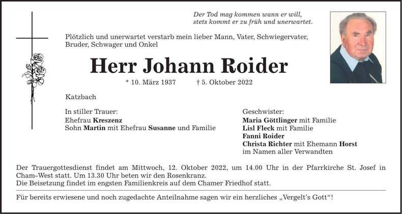 Traueranzeige Johann Roider