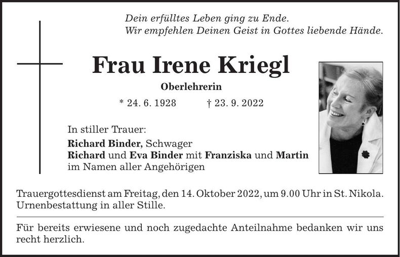 Traueranzeige Irene Kriegl