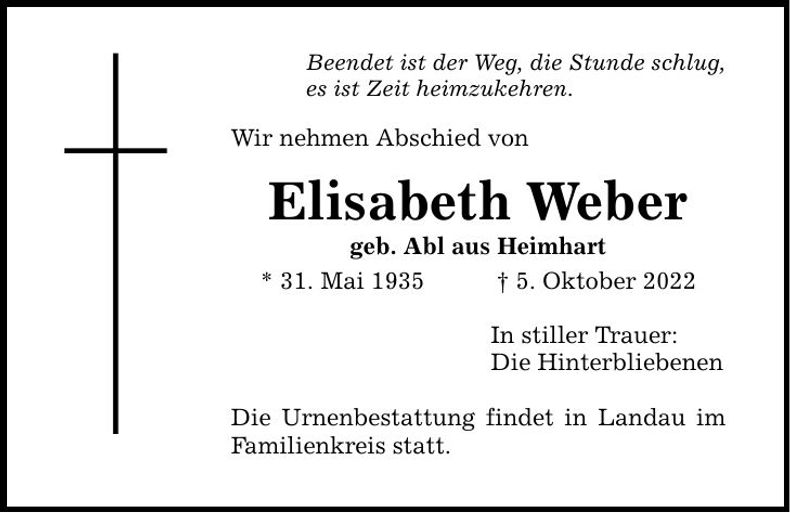Traueranzeige Elisabeth Weber