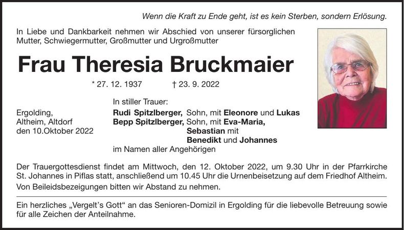 Traueranzeige Theresia Bruckmaier