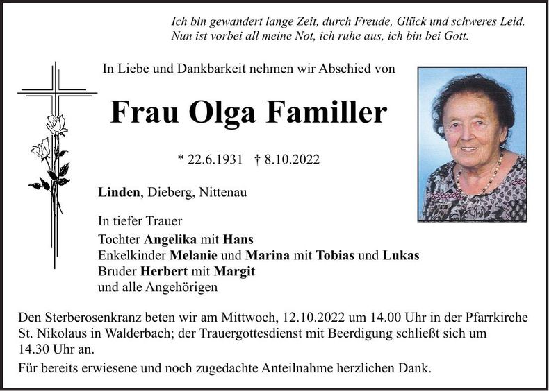 Traueranzeige Olga Familler