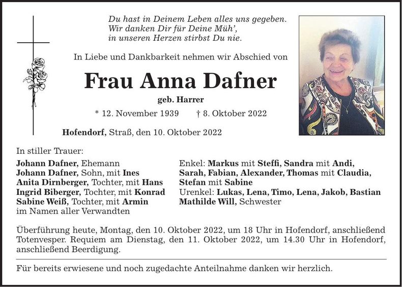 Traueranzeige Anna Dafner