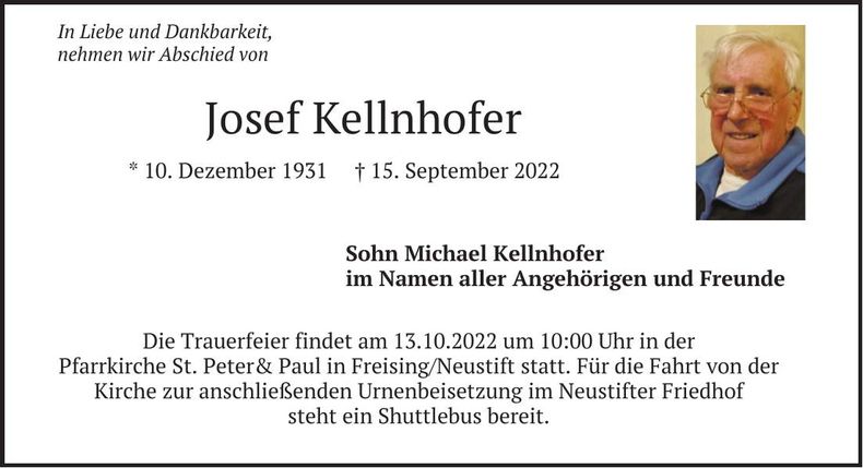 Traueranzeige Josef Kellnhofer