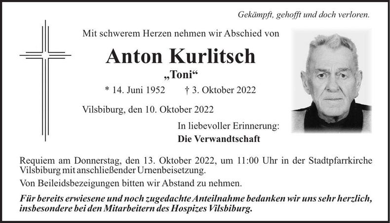 Traueranzeige Anton Kurlitsch