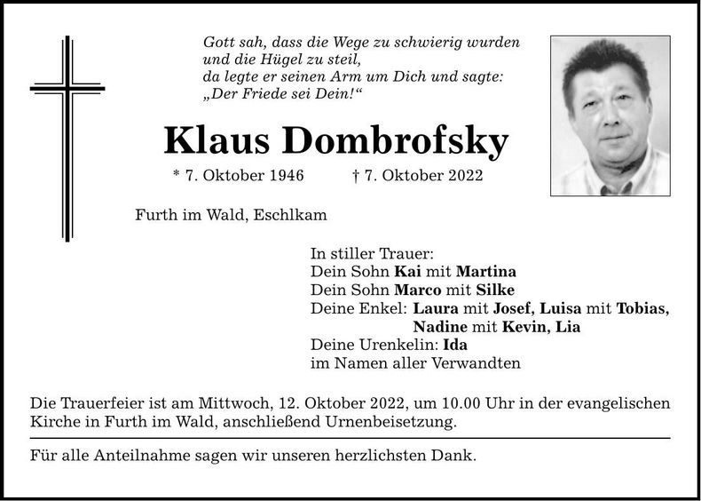 Traueranzeige Klaus Dombrofsky