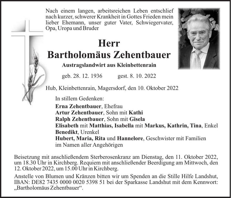 Traueranzeige Bartholomäus Zehentbauer