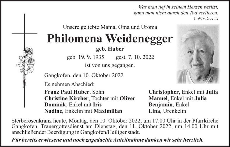 Traueranzeige Philomena Weidenegger