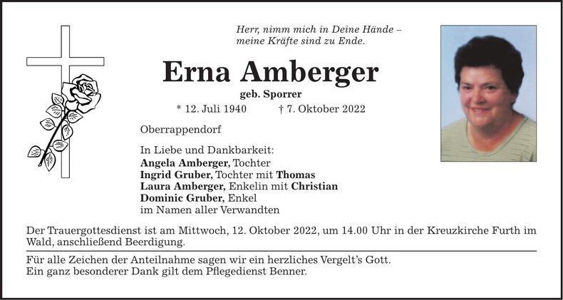 Traueranzeige Erna Amberger