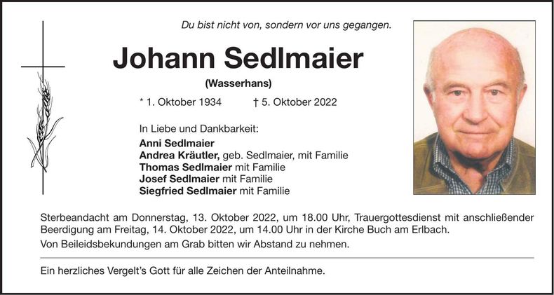 Traueranzeige Johann Sedlmaier
