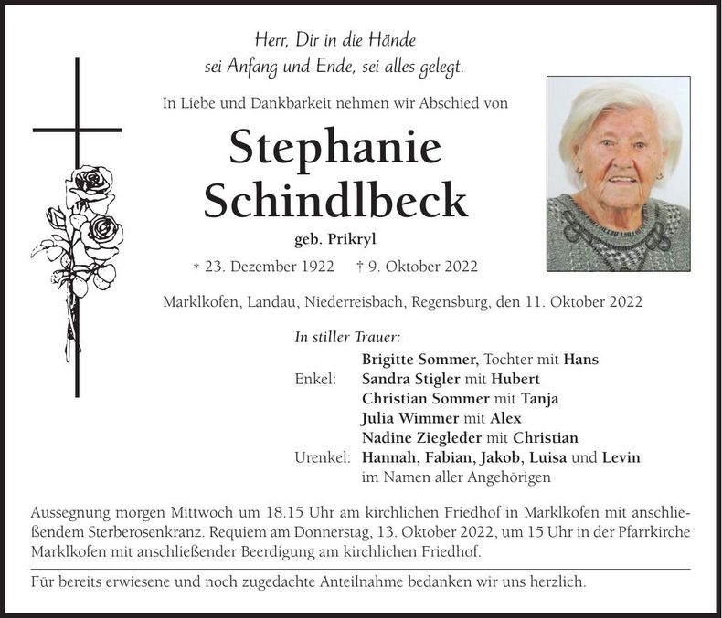 Traueranzeige Stephanie Schindlbeck