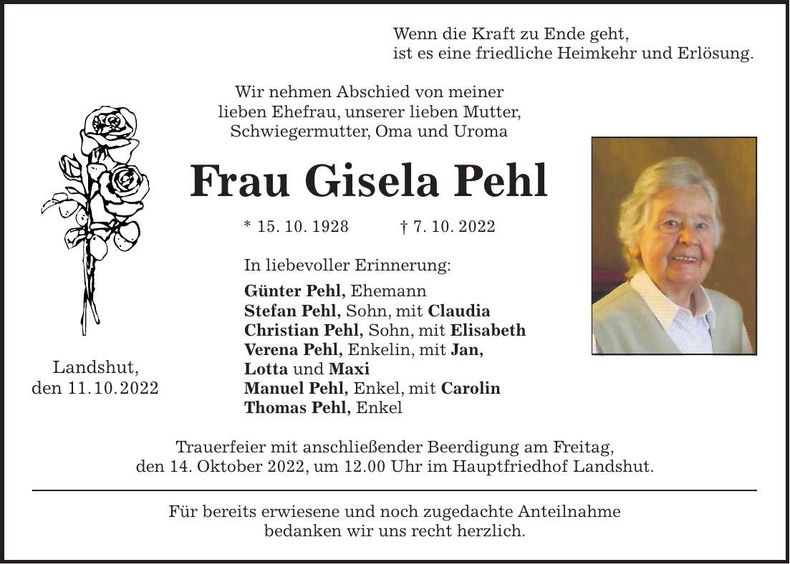 Traueranzeige Gisela Pehl