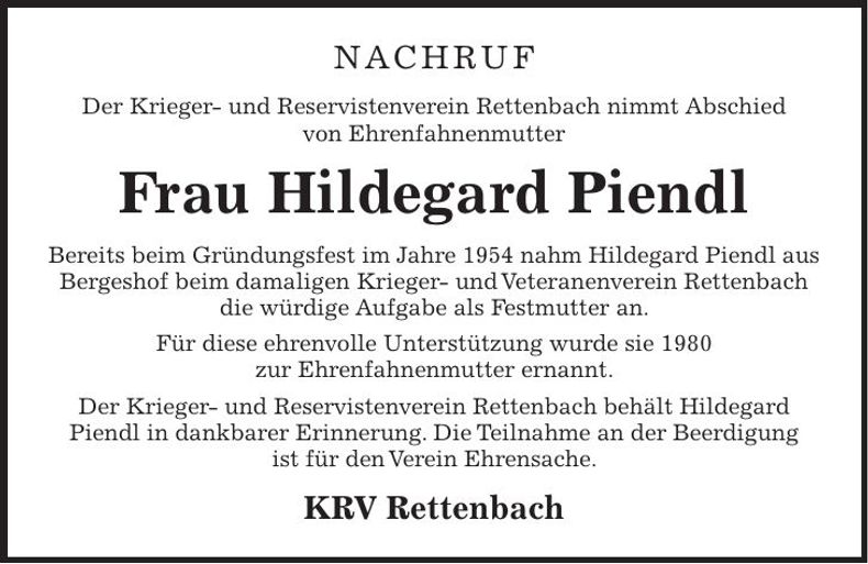 Traueranzeige Hildegard Piendl